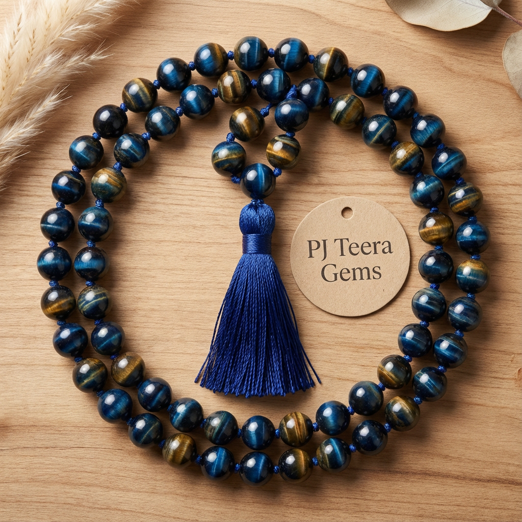 Blue Tiger Eye Mala Necklace | 8mm Natural Stone Prayer Beads | 108 bead mala 3