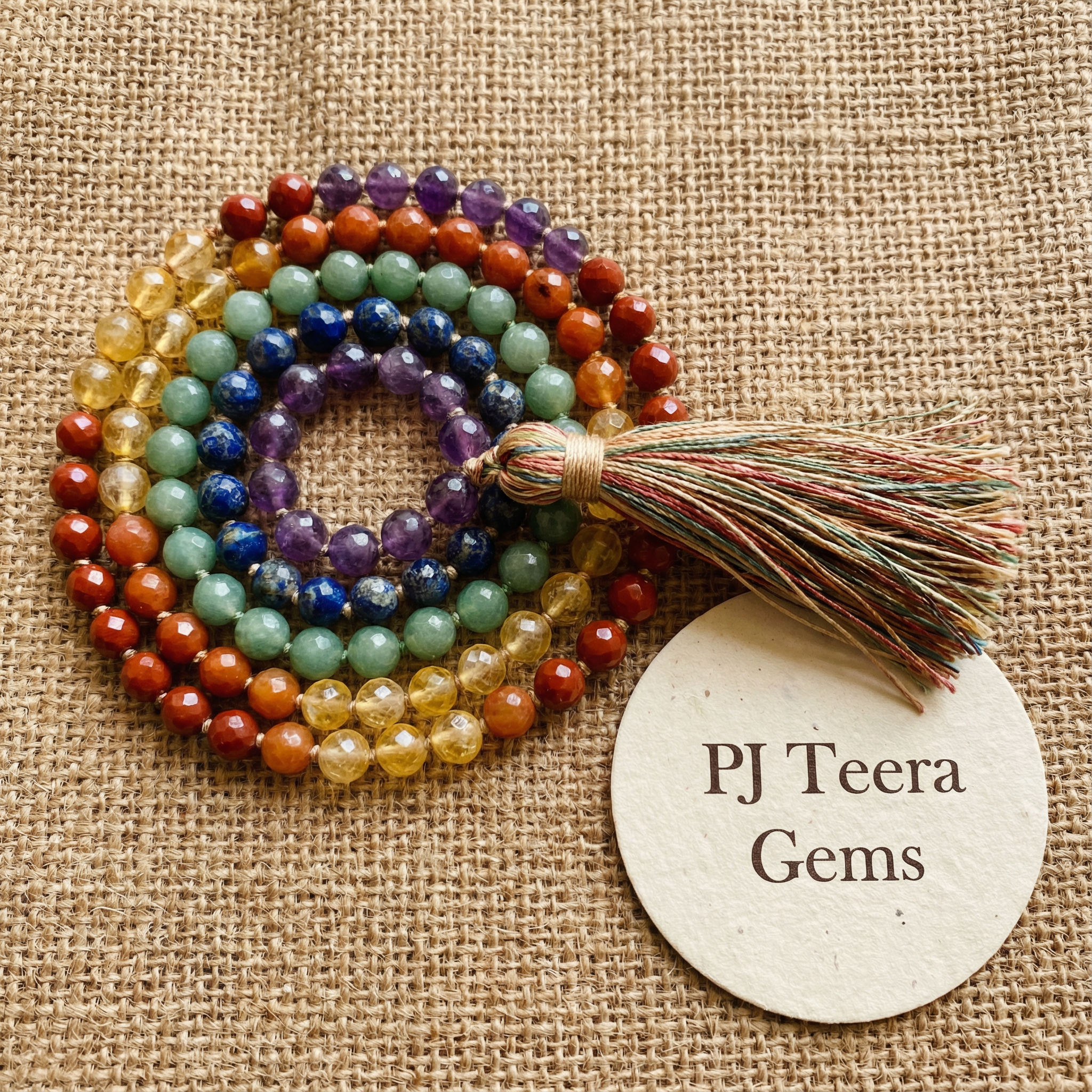 7 Chakra Mala Necklace: 108 Beads, Clear Quartz, Amethyst, Lapis Lazuli | knotted mala 3
