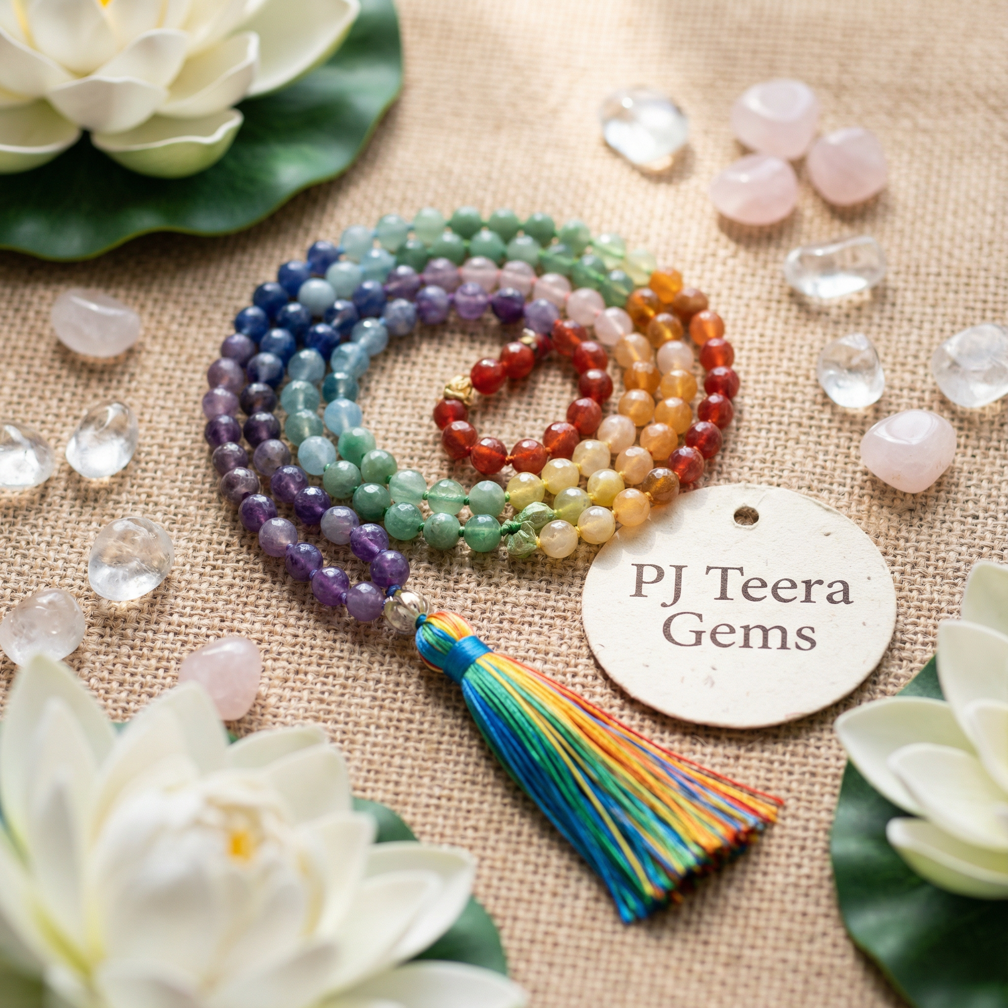 7 Chakra Mala Necklace: 108 Beads, Clear Quartz, Amethyst, Lapis Lazuli | knotted mala 5
